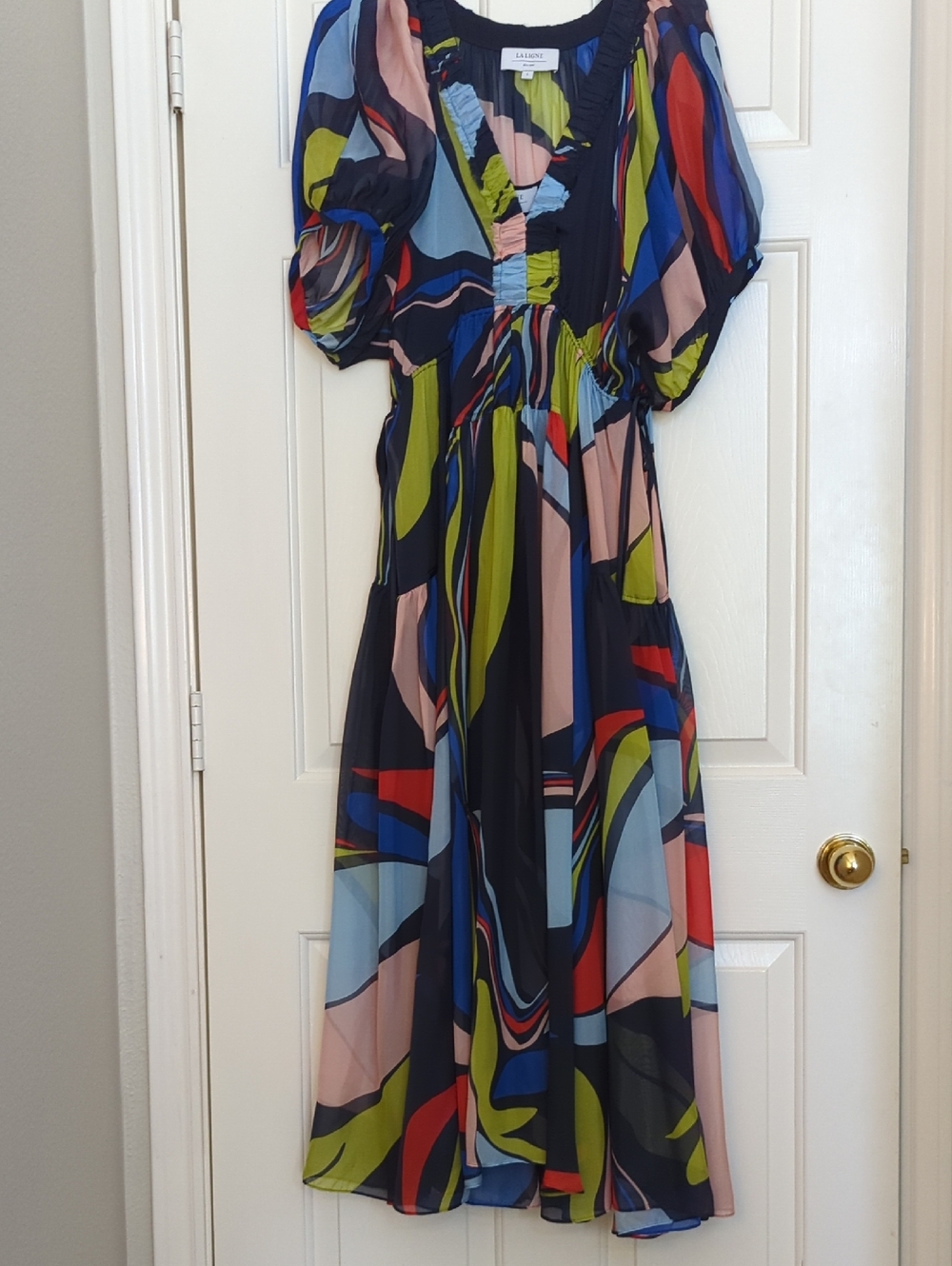 La Ligne Silk Abstract Colorblock Maxi Dress in Navy, Red, Blue, Pink & Green
